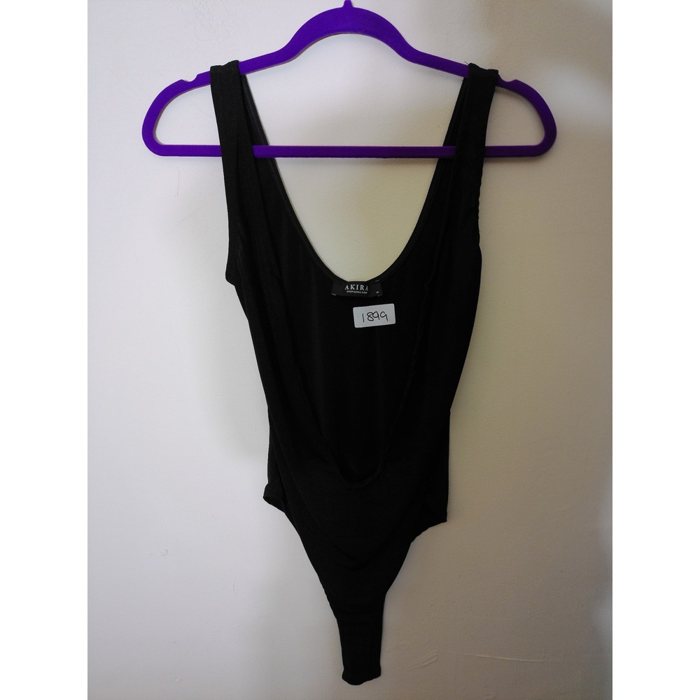 Akira Bodysuit Womens Medium Black Deep V-Neck Sleeveless Minimalist Edgy 1899